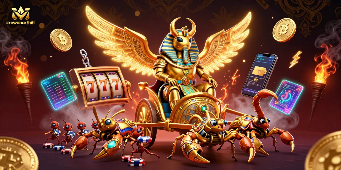 Crownnorthill showcases a vibrant casino scene with a golden scarab beetle and jackpot elements for exhilarating gameplay.