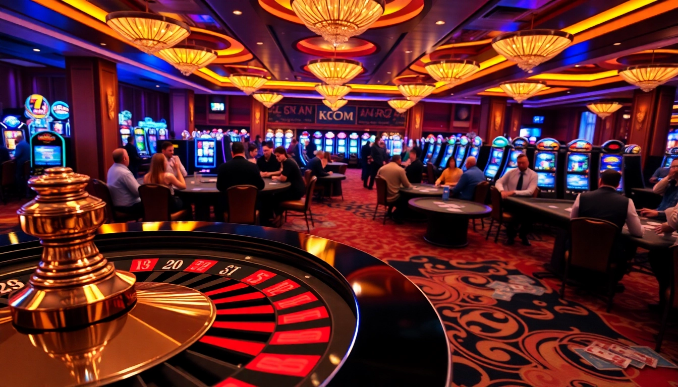 Excited players engaging in a game of poker at KJC.COM's luxurious casino floor.