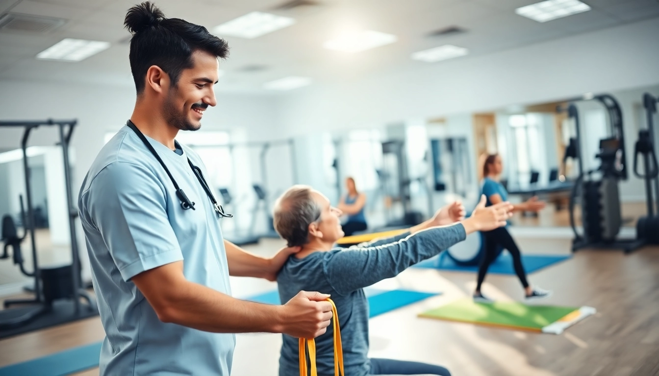 Health in Motion Rehabilitation: A dedicated therapist helps a patient with rehabilitation exercises in a bright clinic.
