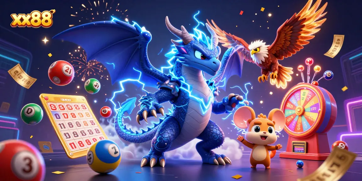 Experience excitements at XX88 with vibrant casino elements and characters like thunder dragons and glowing hawks.