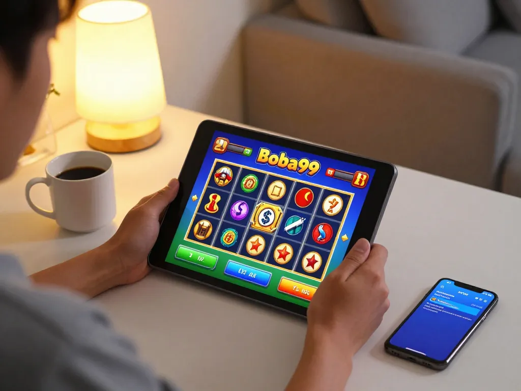 Pemain Boba99 menikmati pengalaman bermain game online yang imersif di tablet dalam suasana yang nyaman.