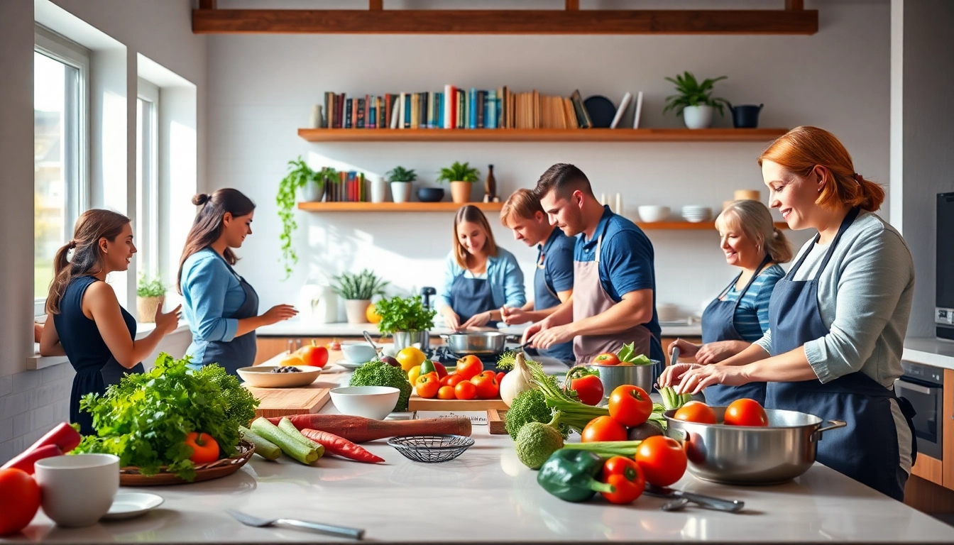 Engaged students at dishfacts.com learning cooking skills with fresh ingredients.