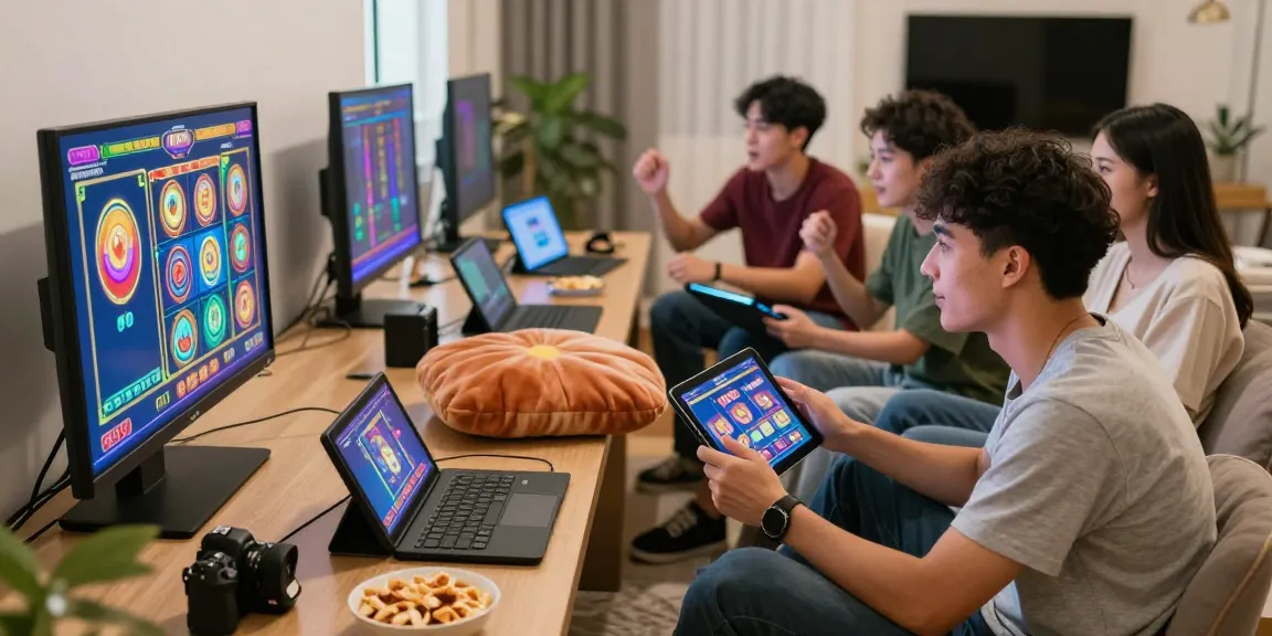 Friends enjoying online slot games in a lively gaming room, showcasing excitement and community.