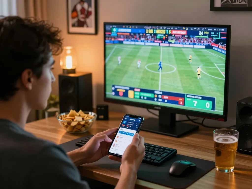 Engaging home sports betting scene with live sports on screen and the 88i betting app.
