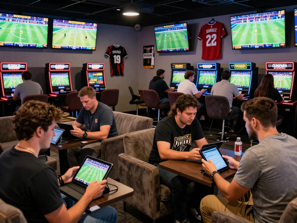 Engaged bettors using RR88 to place live sports bets in a modern lounge.