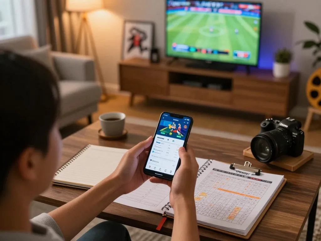 Engaging in sports betting through OKWIN TV app on a smartphone in a cozy living room.