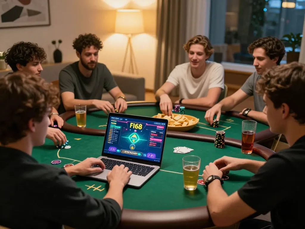 F168 player strategizing poker game online on laptop with drinks and snacks nearby.