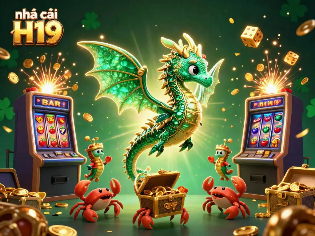 Engage with the vibrant world of nhà cái H19, featuring a 3D dragon, slot machines, and treasures.
