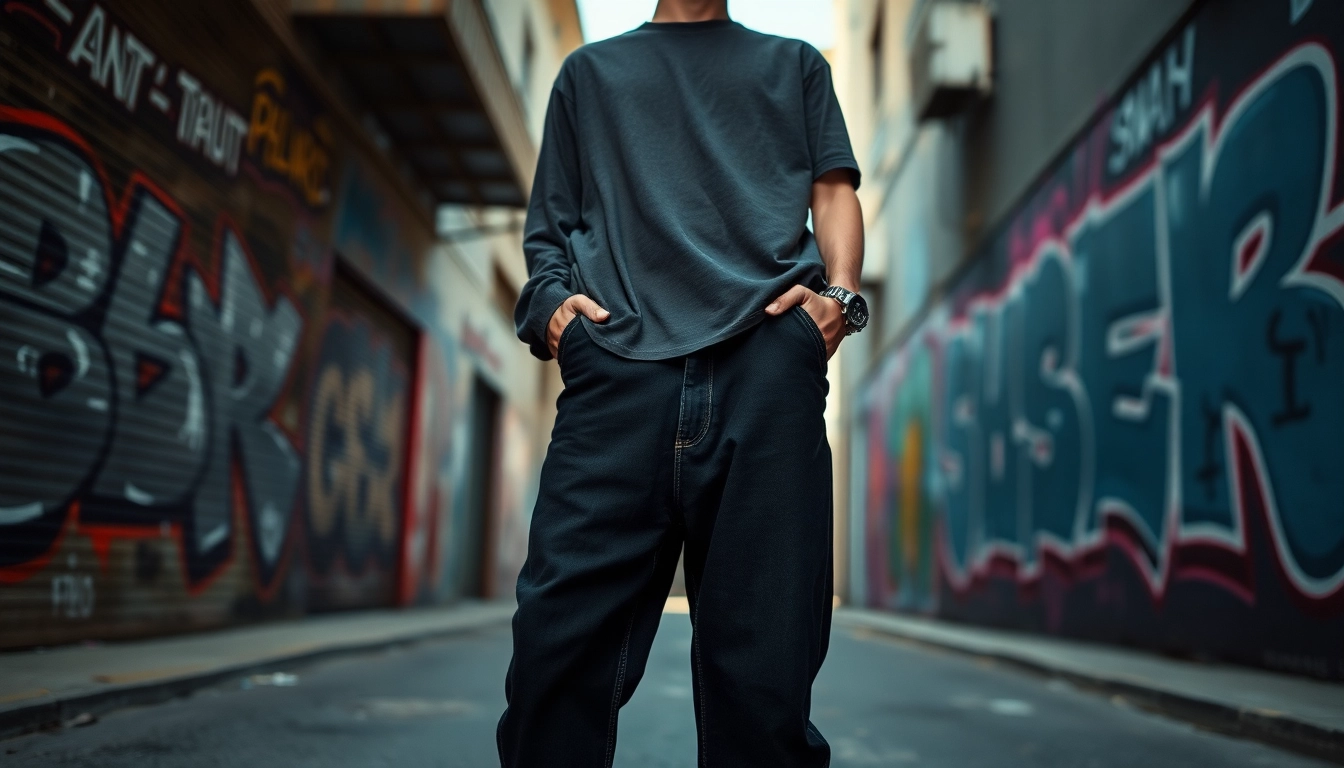 Model showcasing stylish baggy black jeans in an urban street setting.