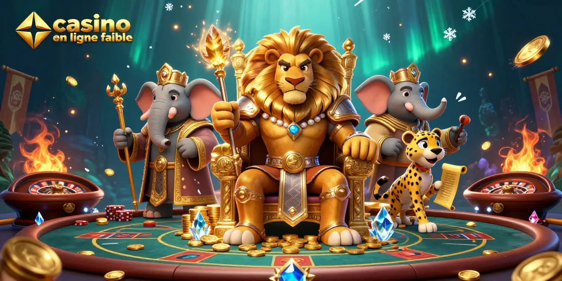 Jouez aux jeux de casino en ligne fiables avec des personnages de roi lion et d'éléphant dans un décor luxueux