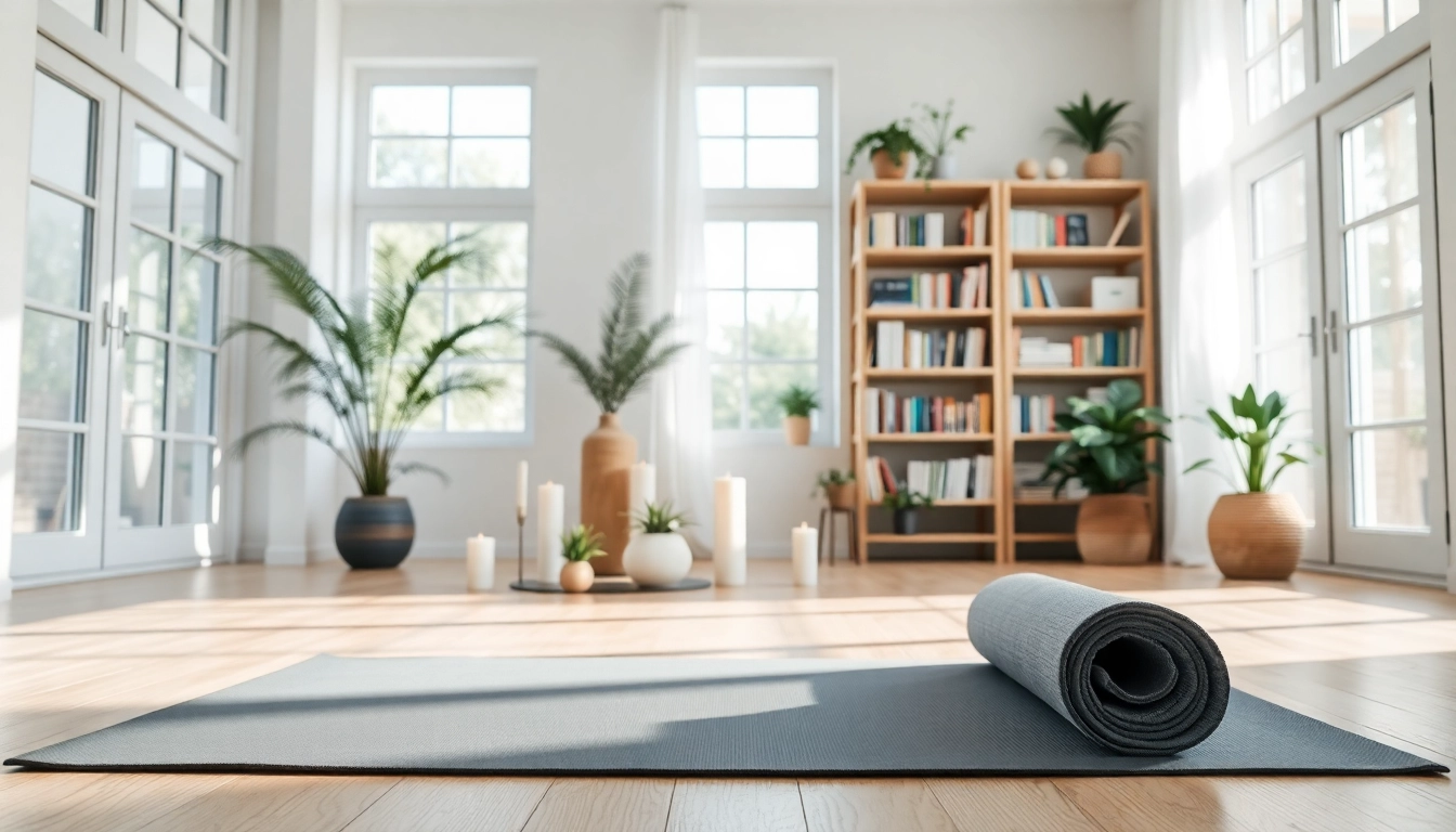 Pratique de bien-être dans un environnement serein sur https://kolivent.com, avec un tapis de yoga et des plantes décoratives.