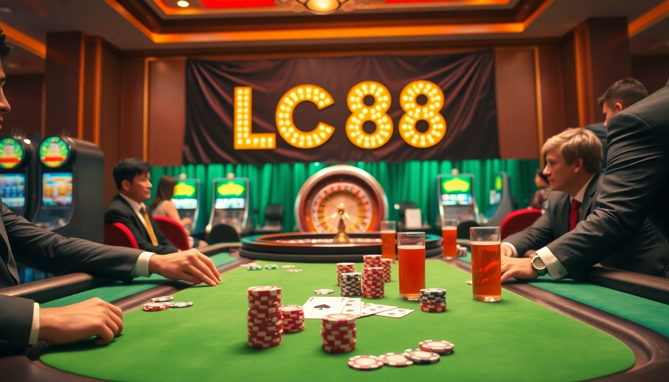 Gambling excitement at LC88 casino with poker table, chips, and cards in action.