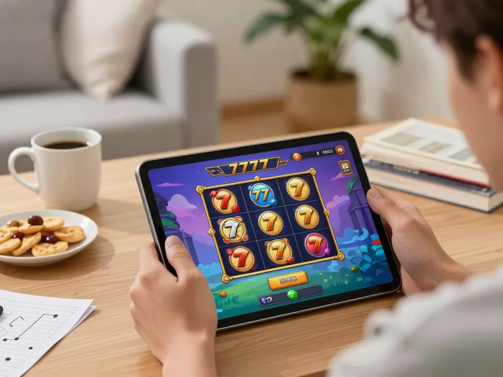 Playing slot777 on a tablet in cozy home setting, showcasing thrilling online gaming experience.