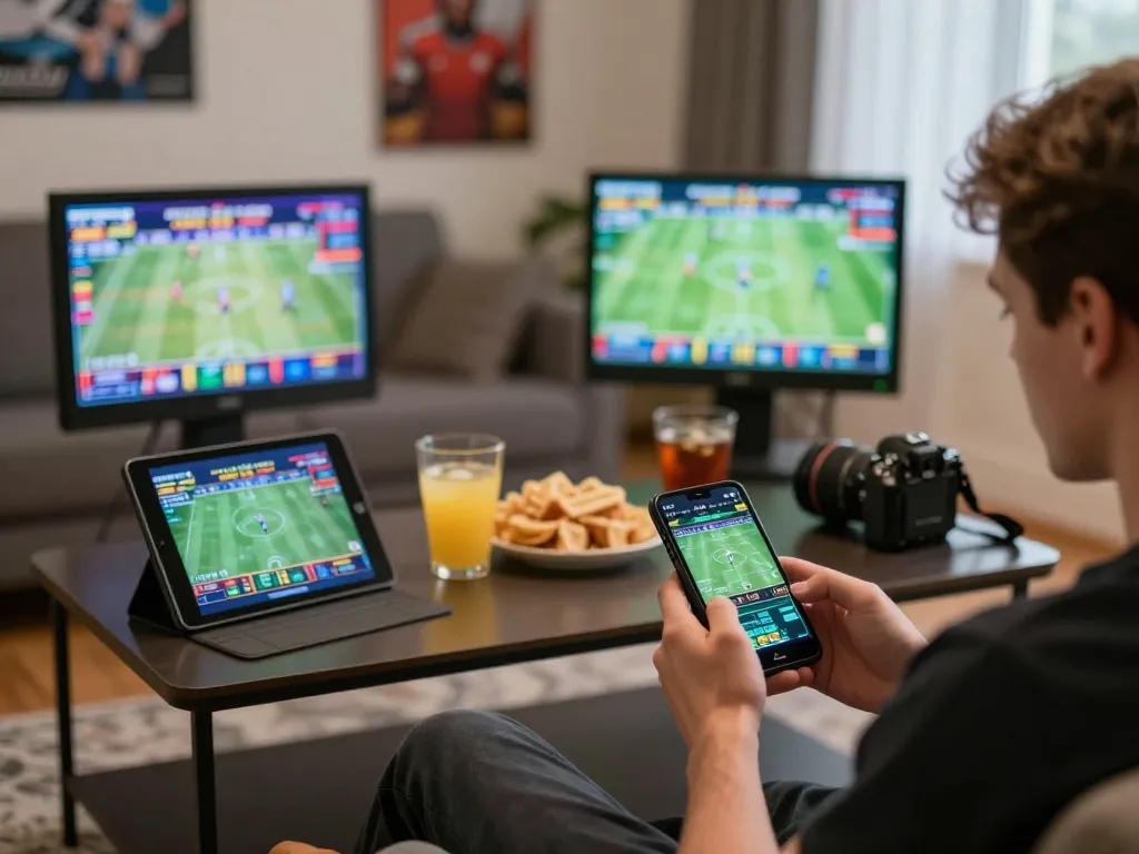Engaging MB66 sports betting experience with a player on smartphone amidst cozy home setup.
