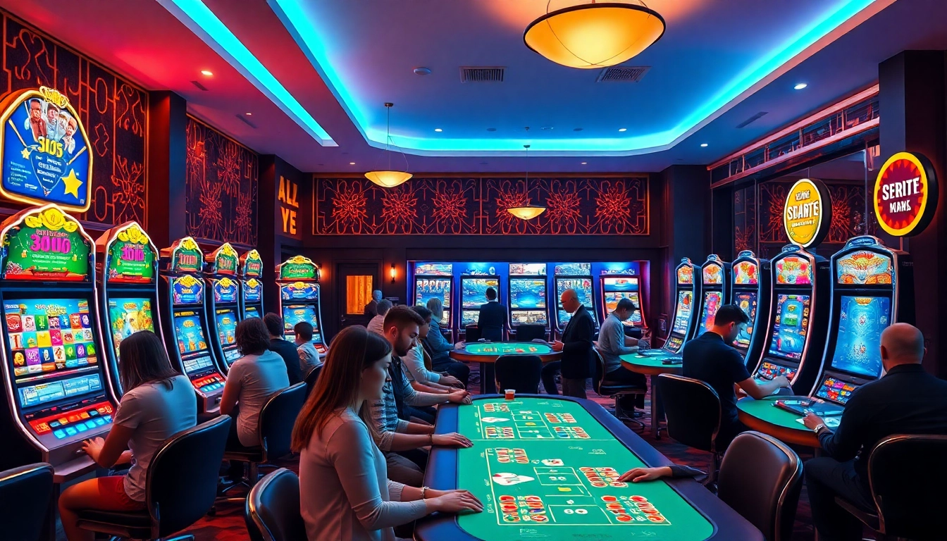 Exciting kubet online casino environment featuring diverse players engaging at slot machines and card tables in a vibrant setting.
