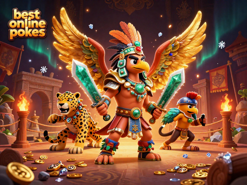 Experience the best online pokies with an energetic Aztec warrior scene filled with gold and game elements.
