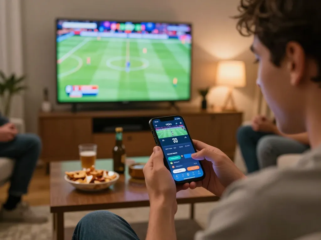Engaged user placing bets on siti di scommesse stranieri via smartphone during a sports event.