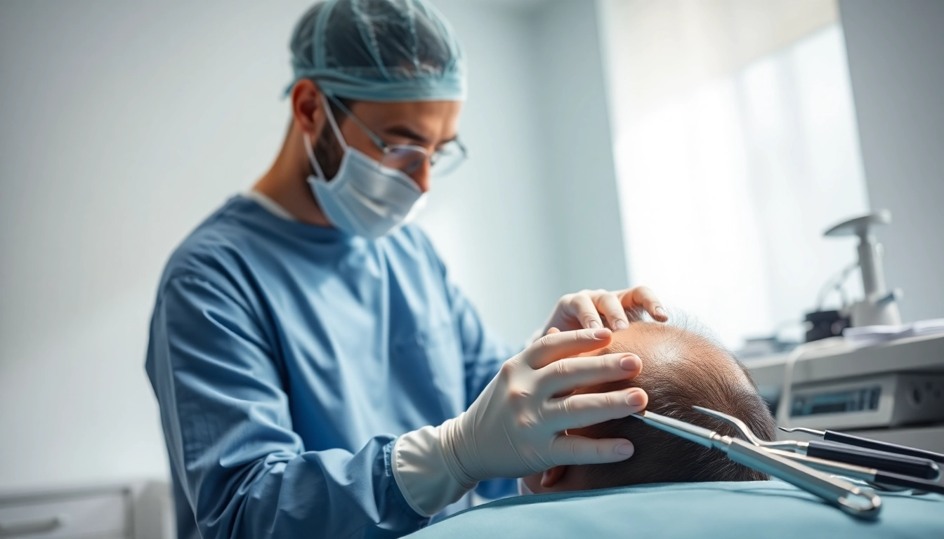 Skilled surgeon conducting a hair transplant turkey procedure in a modern clinic setting.