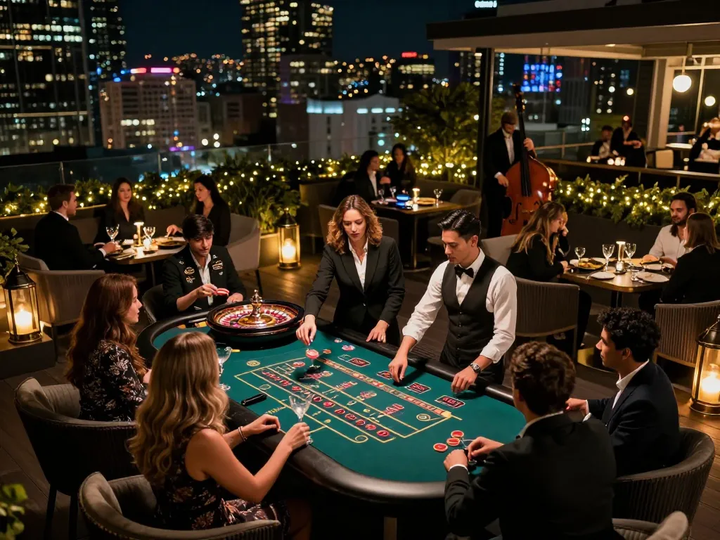 Experience thrilling roulette gameplay at gem88 casino terrace under city lights