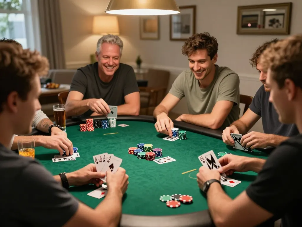 A player strategizing their next move at https://mb66ax.com/ during a friendly home poker game, chips and cards showcased.