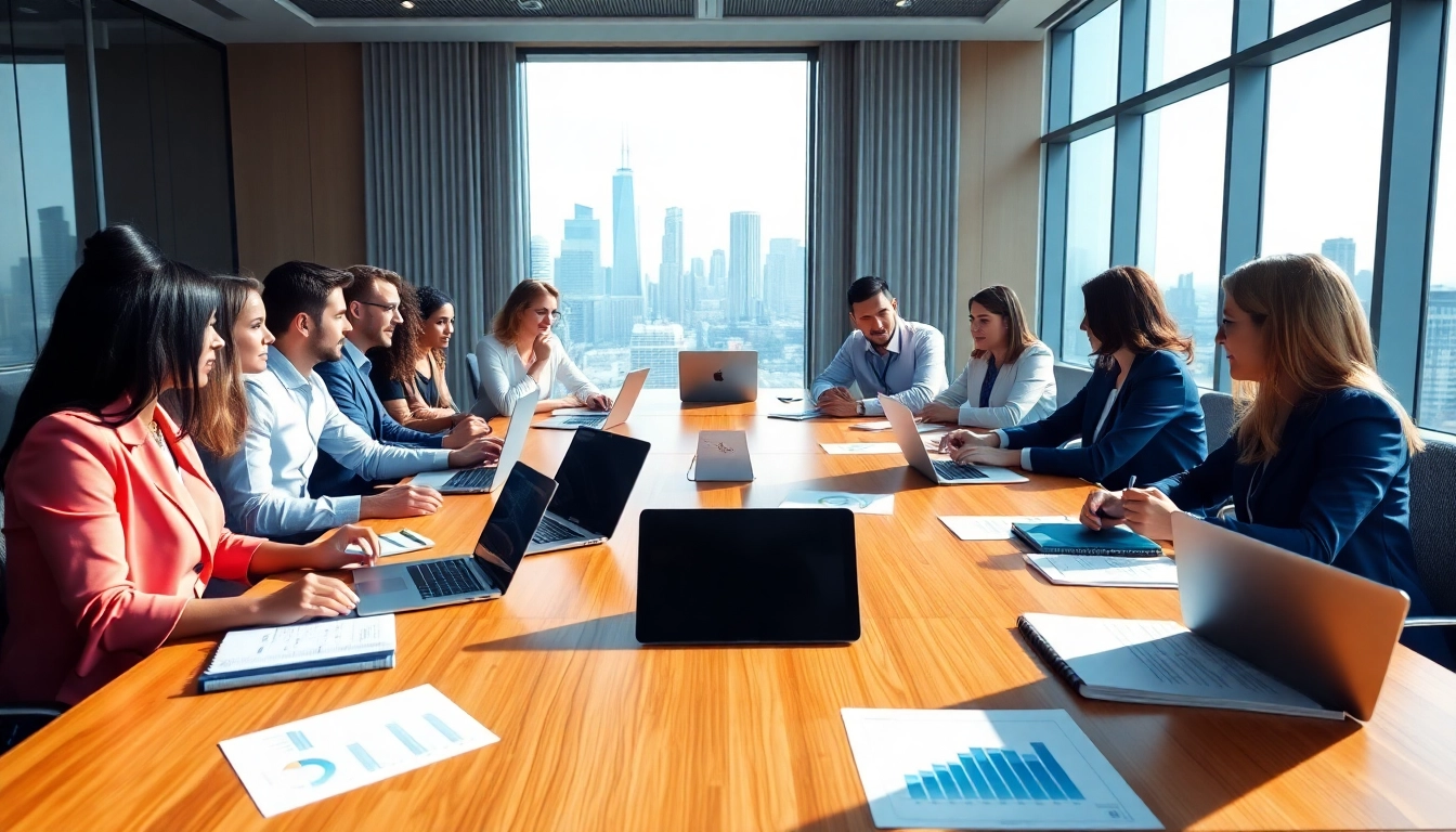 Engaged professionals in a business meeting discussing strategies in a bright conference room.