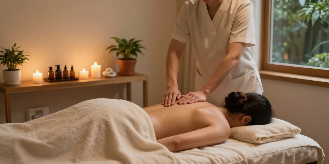 Relaxing 1인샵 massage therapy scene with a therapist and client, serene atmosphere, soft lighting.