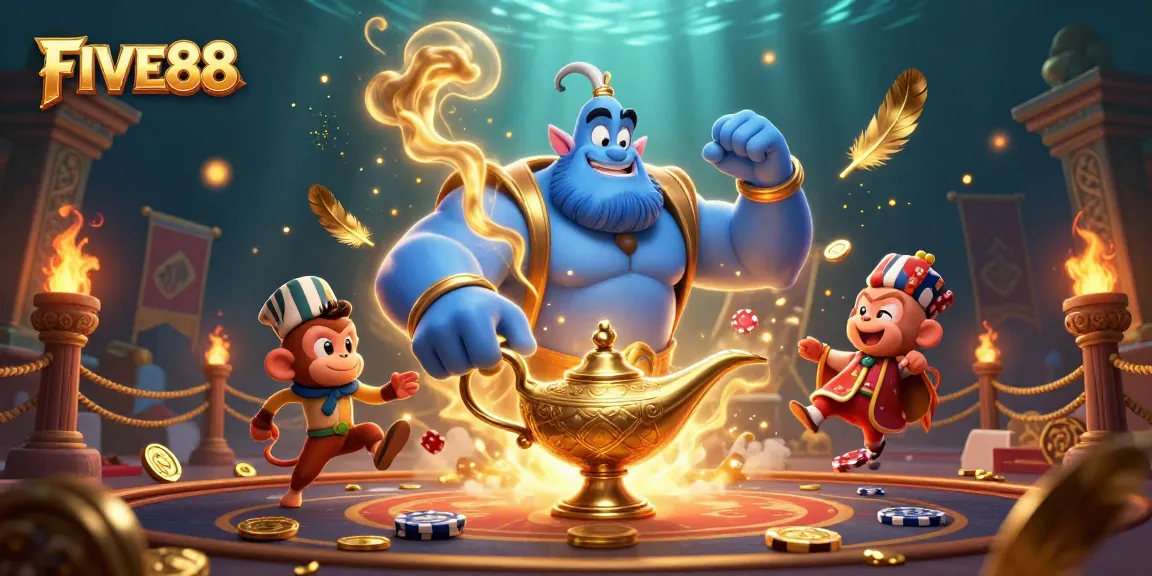 Engage with FIVE88 casino excitement through a dynamic 3D illustration of a genie, monkey, and magic carpet.