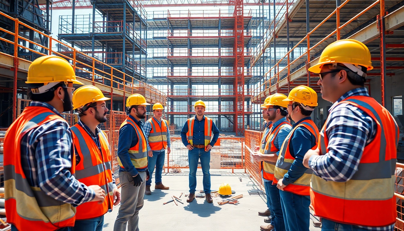 Workers emphasizing construction site safety with gear and barriers in a vibrant construction setting.