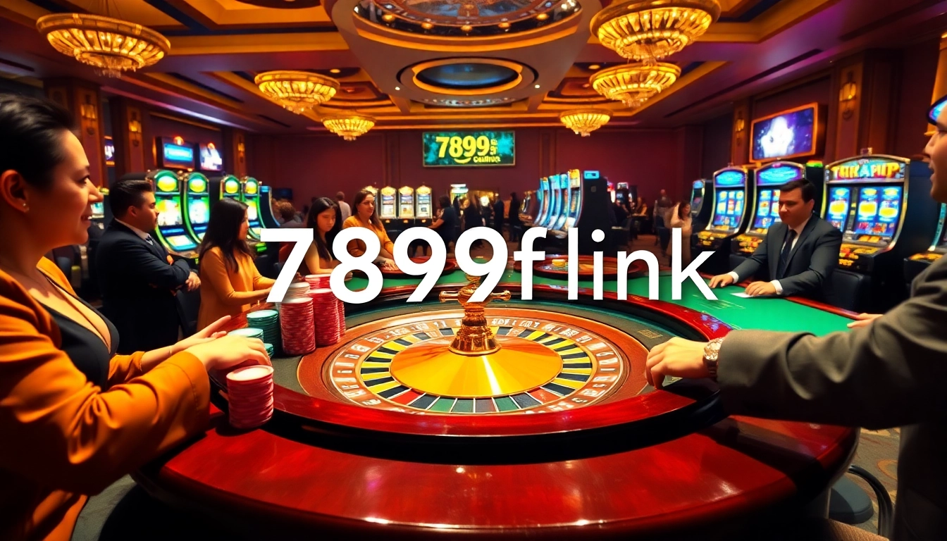 A vibrant casino scene showcasing the 789f link on promotional banners, with players engaging at a roulette table surrounded by poker chips.