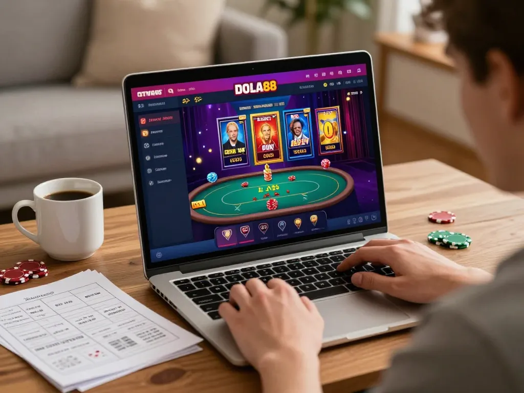 DOLA88 online gaming session showcasing player engagement with casino interface and strategy notes.