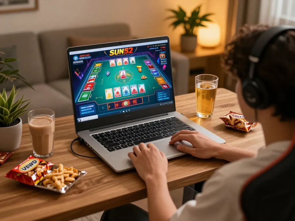 Player enjoying a game on Sun52 with vibrant graphics at a cozy home gaming setup.