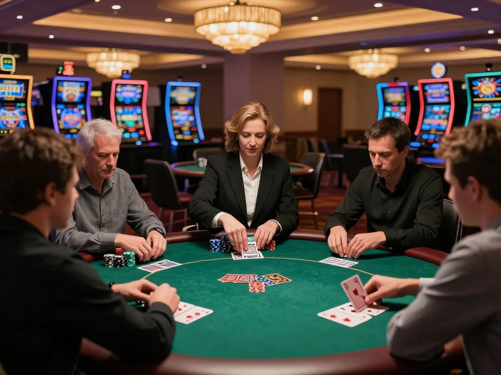 Players engaging in a high-stakes poker game at an upscale casino, showcasing the manclub atmosphere of strategic gameplay.