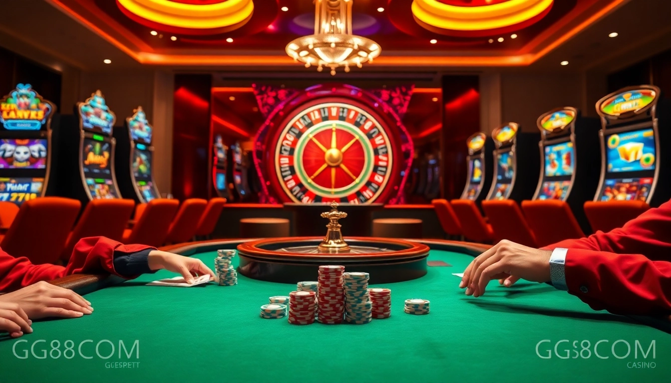 Experience the thrilling poker action at GG88COM, where players engage in high-stakes betting with luxury surroundings.