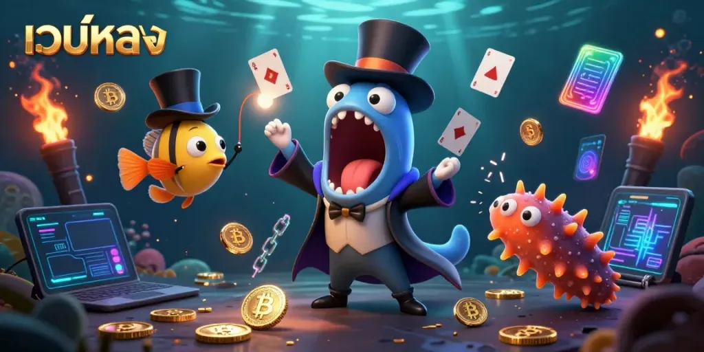 Engage with เว็บตรง in this vibrant 3D illustration showcasing a magician's deep-sea eel performing card tricks amidst crypto elements.