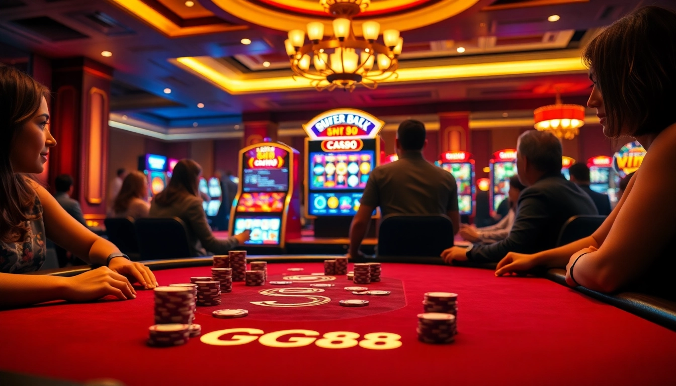 Excited gamblers enjoying a GG88 poker game at a luxurious casino table with vibrant slot machines.