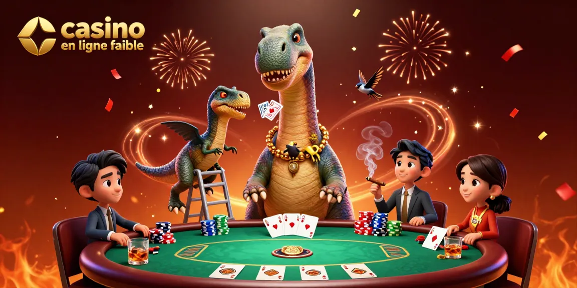 Illustration de casino en ligne fiable avec un brontosaurus géant et un raptor distribuant des cartes.