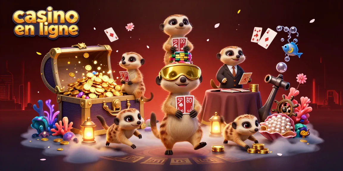 Des suricates gèrent un casino en ligne, entourés de trésors et de jeux dynamiques.