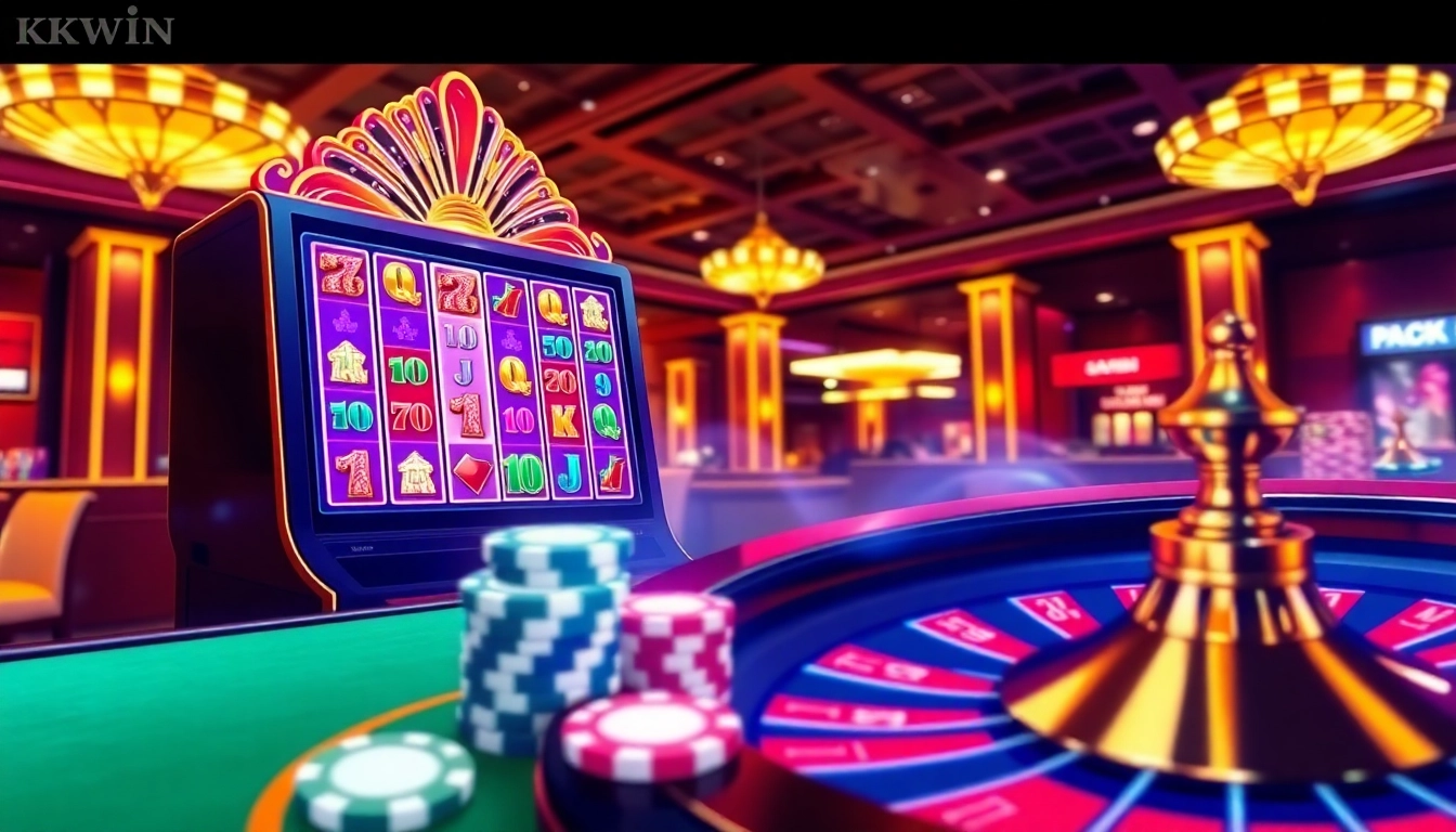 Experience luxury gaming at Nhà Cái KKWIN with vibrant slot machines and professional casino setups.