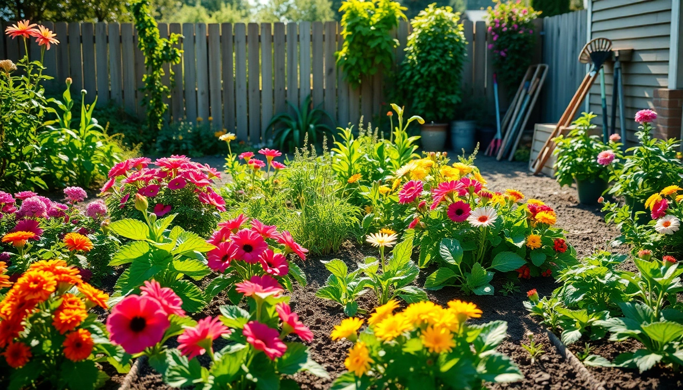 Gardening - A vibrant backyard garden with diverse plants and colorful flowers flourishing.