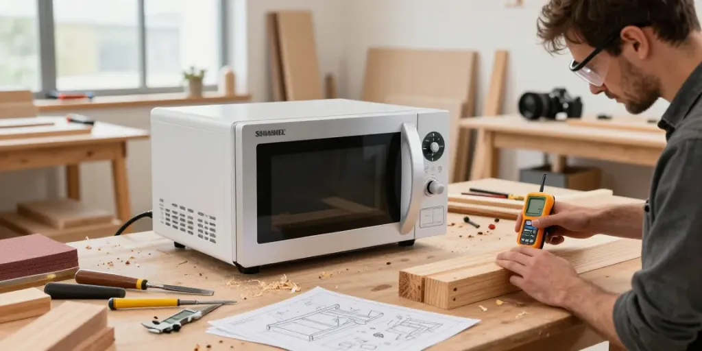 SHASHEL® microwave technology effectively eliminates wood-boring insects in a modern woodworking shop.