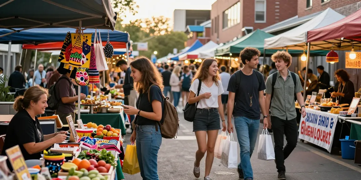 Vibrant city market scene with shoppers and colorful stalls showcasing products, capturing the lively atmosphere of urban shopping adventures at https://forumup.org/shop/search.php?ca_id=&addr1=&addr2