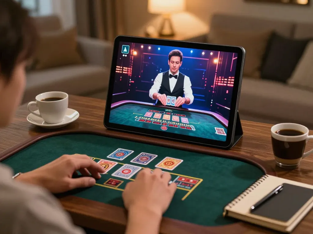 Engaging with king33's live dealer games on a tablet in a cozy home atmosphere.
