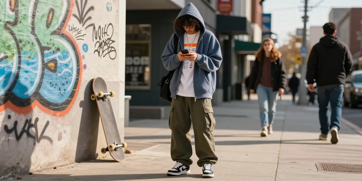Individual exploring Acbuy spreadsheet deals in trendy streetwear on urban street.