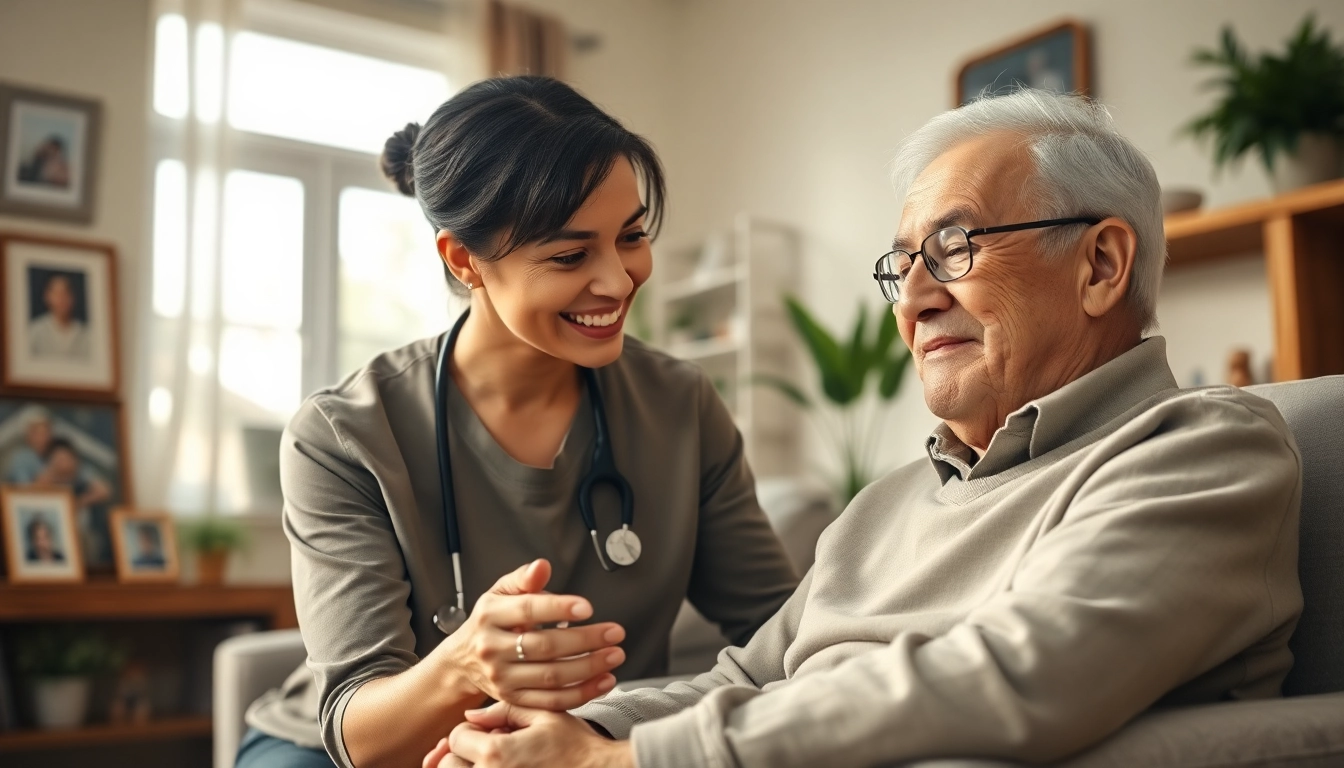 Engaging scene of respite care austin tx, showcasing a caregiver assisting an elderly individual in a warm home environment.