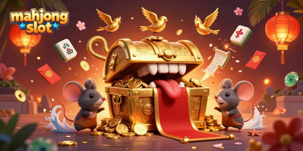 Engage in the thrilling mahjong slot experience with a dazzling treasure chest, floating tiles, and vibrant elements.