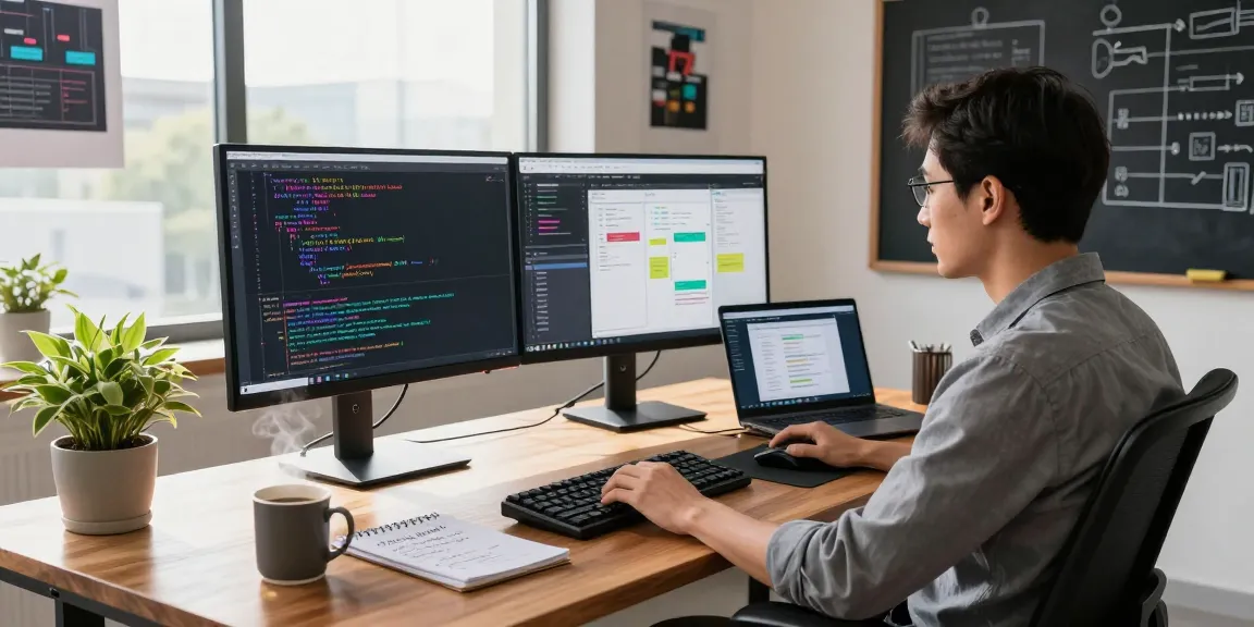 Engaging tech workspace featuring scenadomen.pl with a developer coding on dual monitors, showcasing vibrant programming and project management.