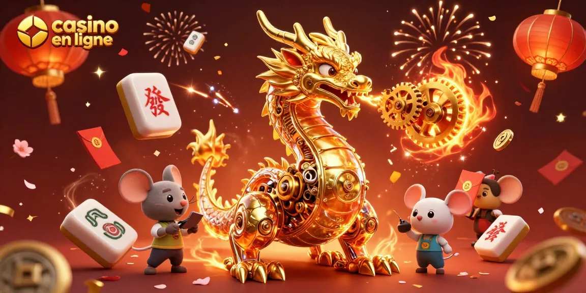 Jouez à des jeux passionnants sur un casino en ligne avec ce dragon doré et des éléments de jeu colorés.