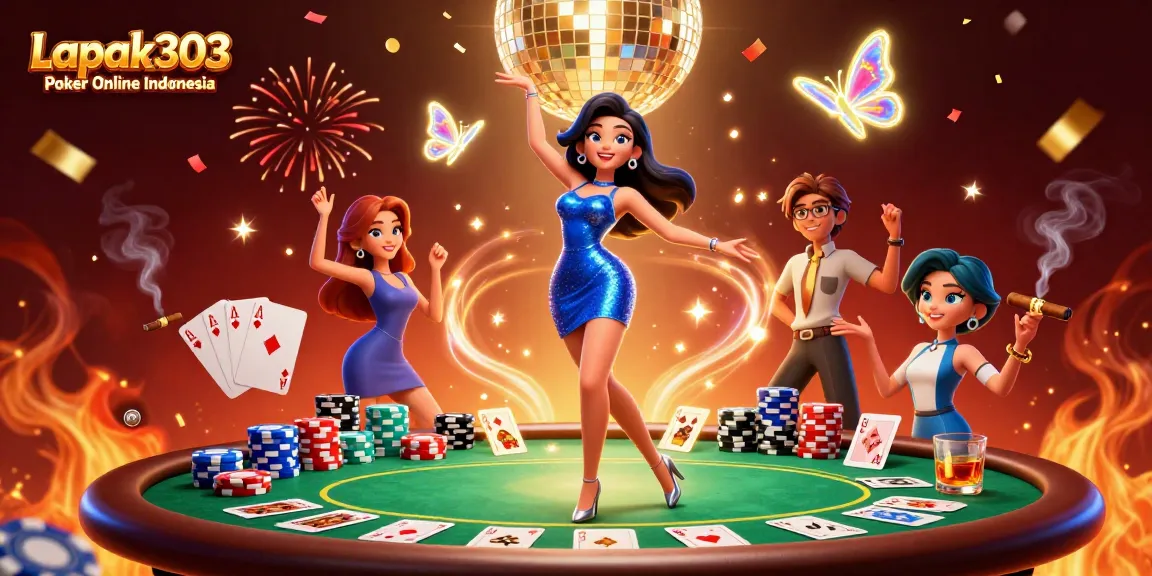 Experience excitement with Lapak303 Poker Online Indonesia in vibrant casino illustration.