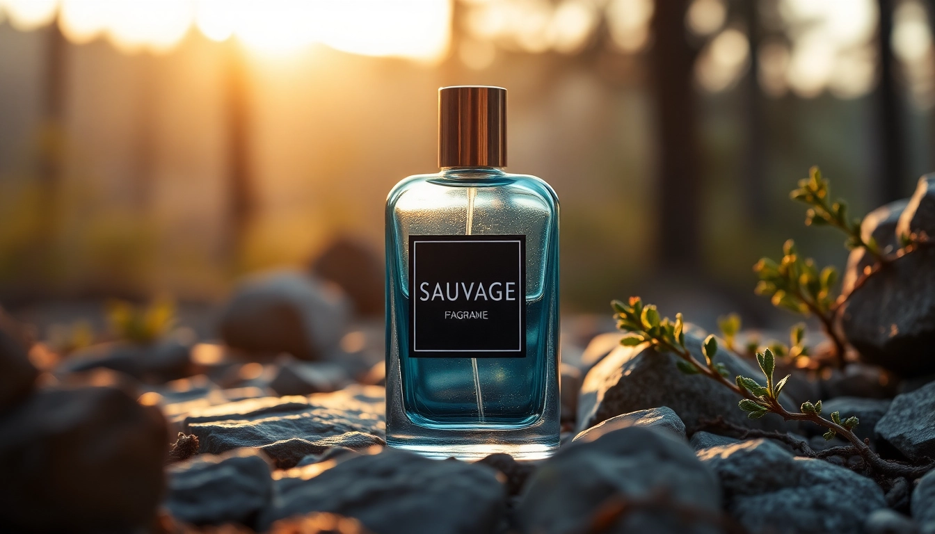 Sauvage fragrance bottle captured in a natural setting with rugged stones and greenery.