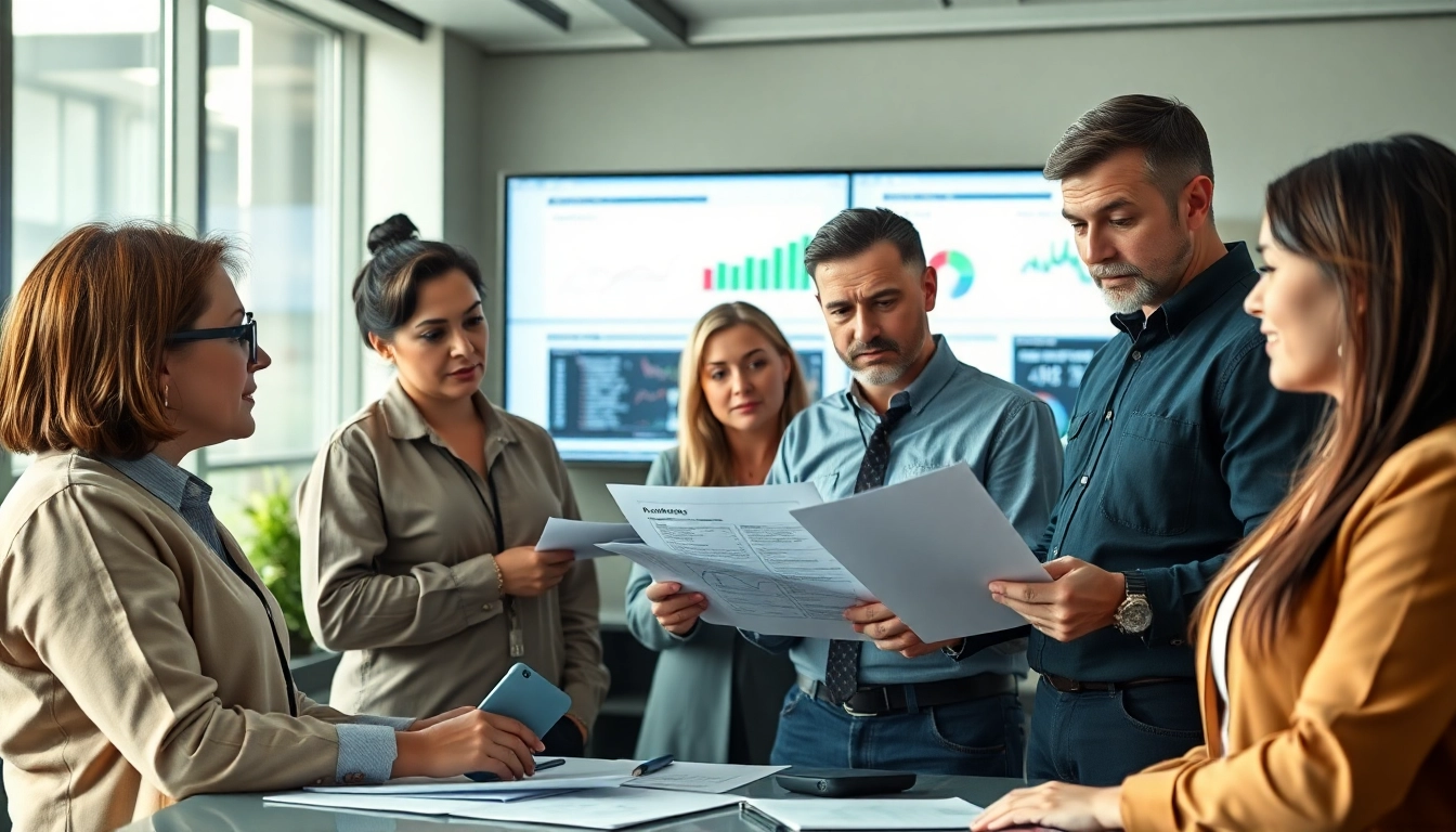 Team discussing disaster recovery planning strategies with digital displays in a modern office.